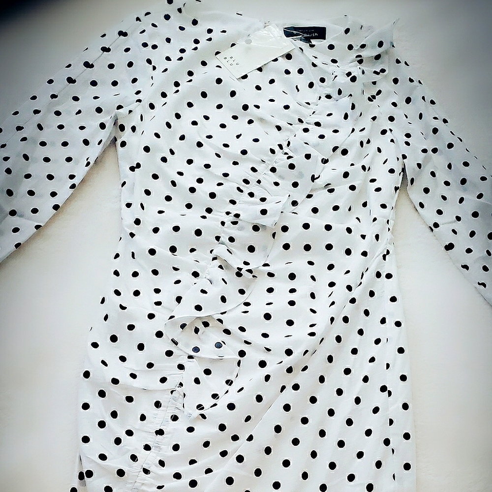 👗Blue Blush👗Ruched Polka-Dot Mini Sheath Dress